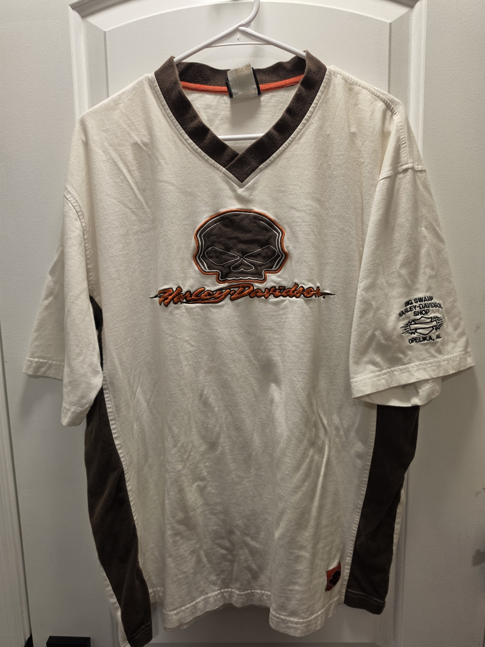 Harley-Davidson White, Brown & Orange Skull V-Neck Tee